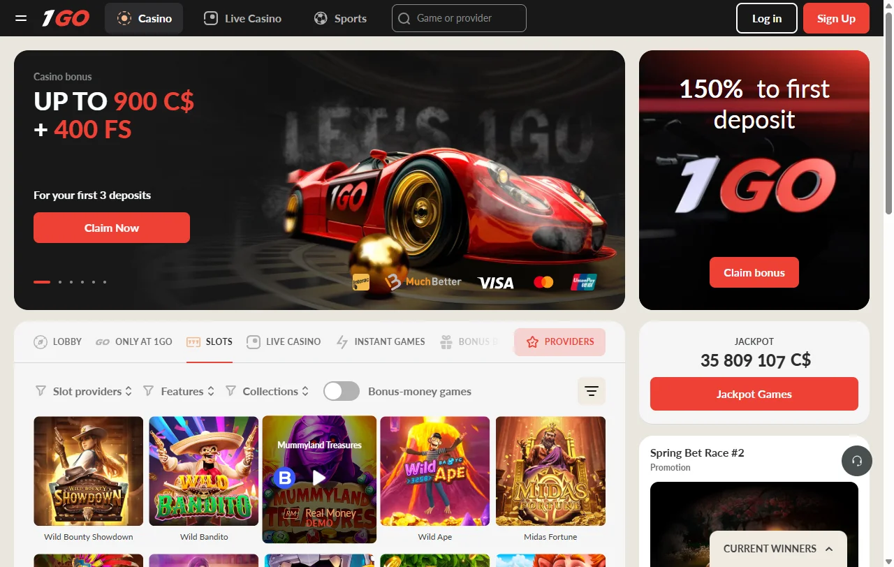 1Go Casinon etusivu työpöytäselaimessa, ylhäällä pelihaku ja bonusbanneri