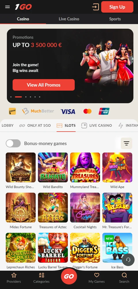 1Go Casinon mobiilietusivu puhelimen selaimessa, alavalikko ja pelikategoriat