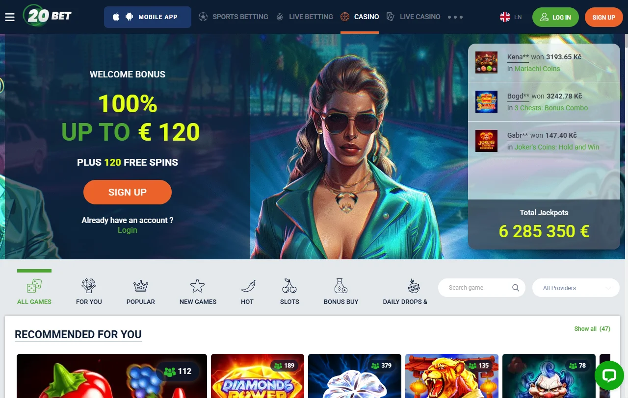 20bet Casinon tervetulotarjous 120 euroon ja 40x kierrätysehto