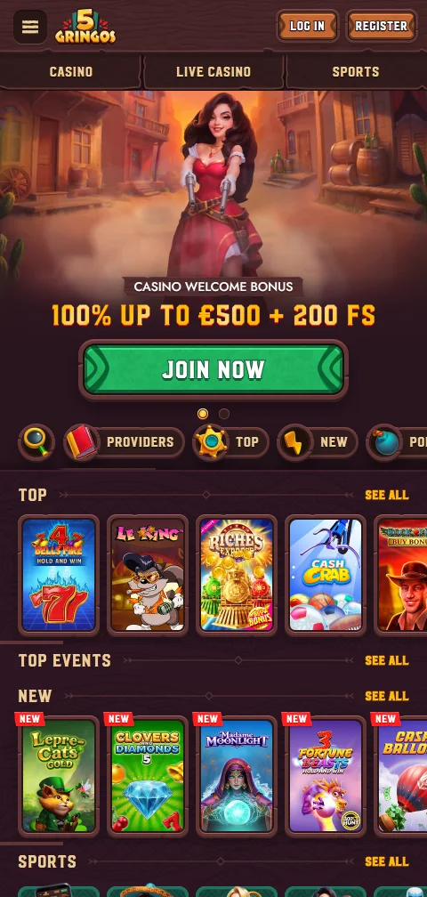 5Gringos Casinon mobiilikäyttö selaimessa