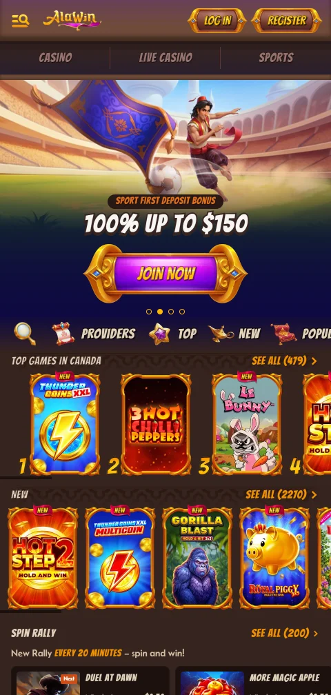 Alawin Casino selaimessa puhelimella, pelihaku ja suodattimet