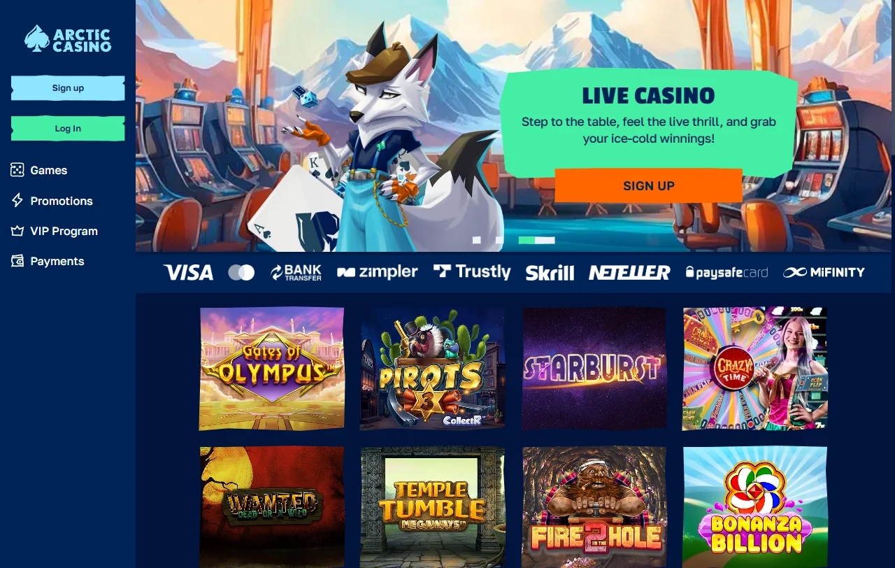 Arctic Casino yleiskuva: arktinen teema ja suomenkielinen etusivu pelaajalle