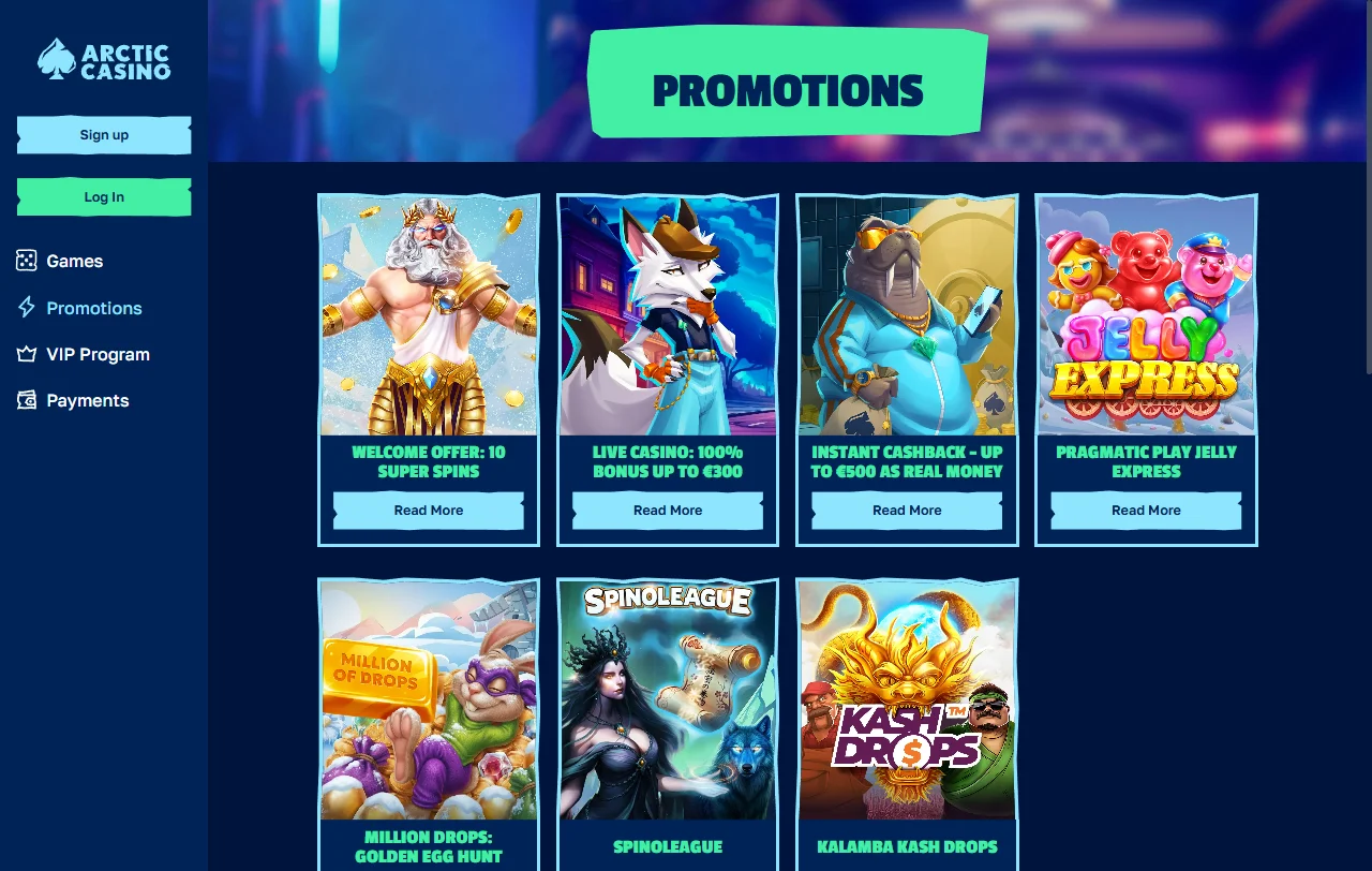 Arctic Casino bonukset: superkierrokset, talletusbonus ja kierrätyksetön käteispalautus