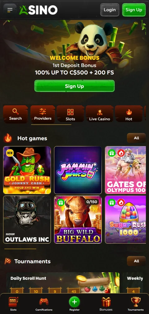 Asino Casinon mobiililobby selaimessa, kolikkopelien listaus ja pelimaara yli 11 000.