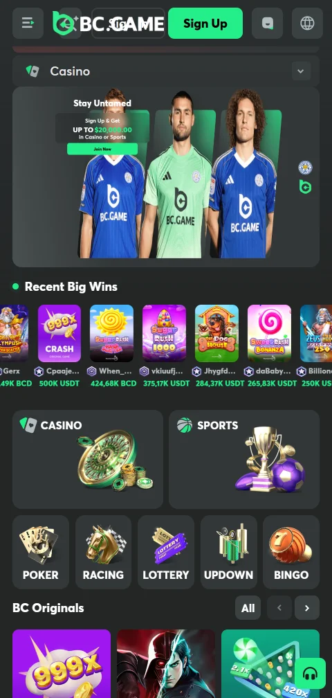 BC Game Casinon mobiilietusivu puhelimen selaimessa, pelikategoriat pystylistana