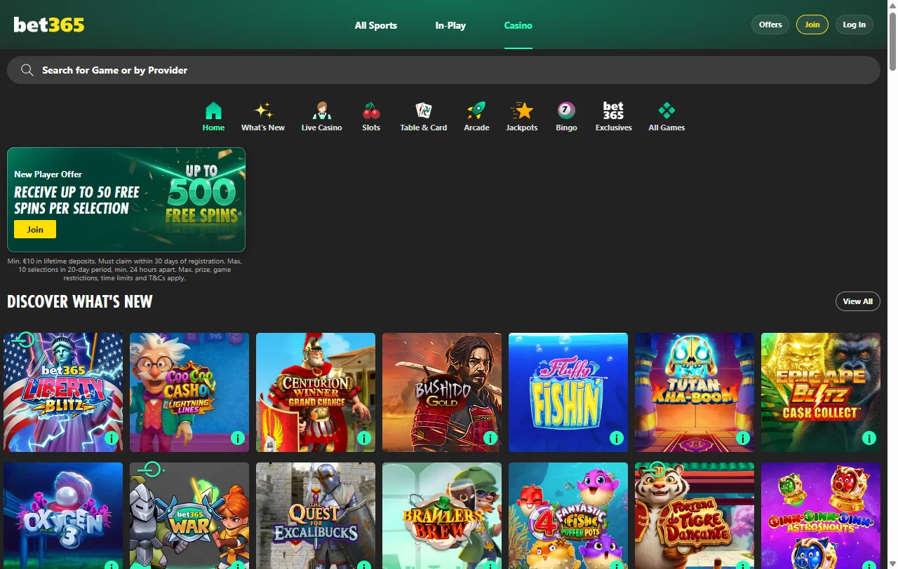 bet365 Casino yleisnäkymässä, jossa pelivalikoima ja vedonlyönti samalla tilillä
