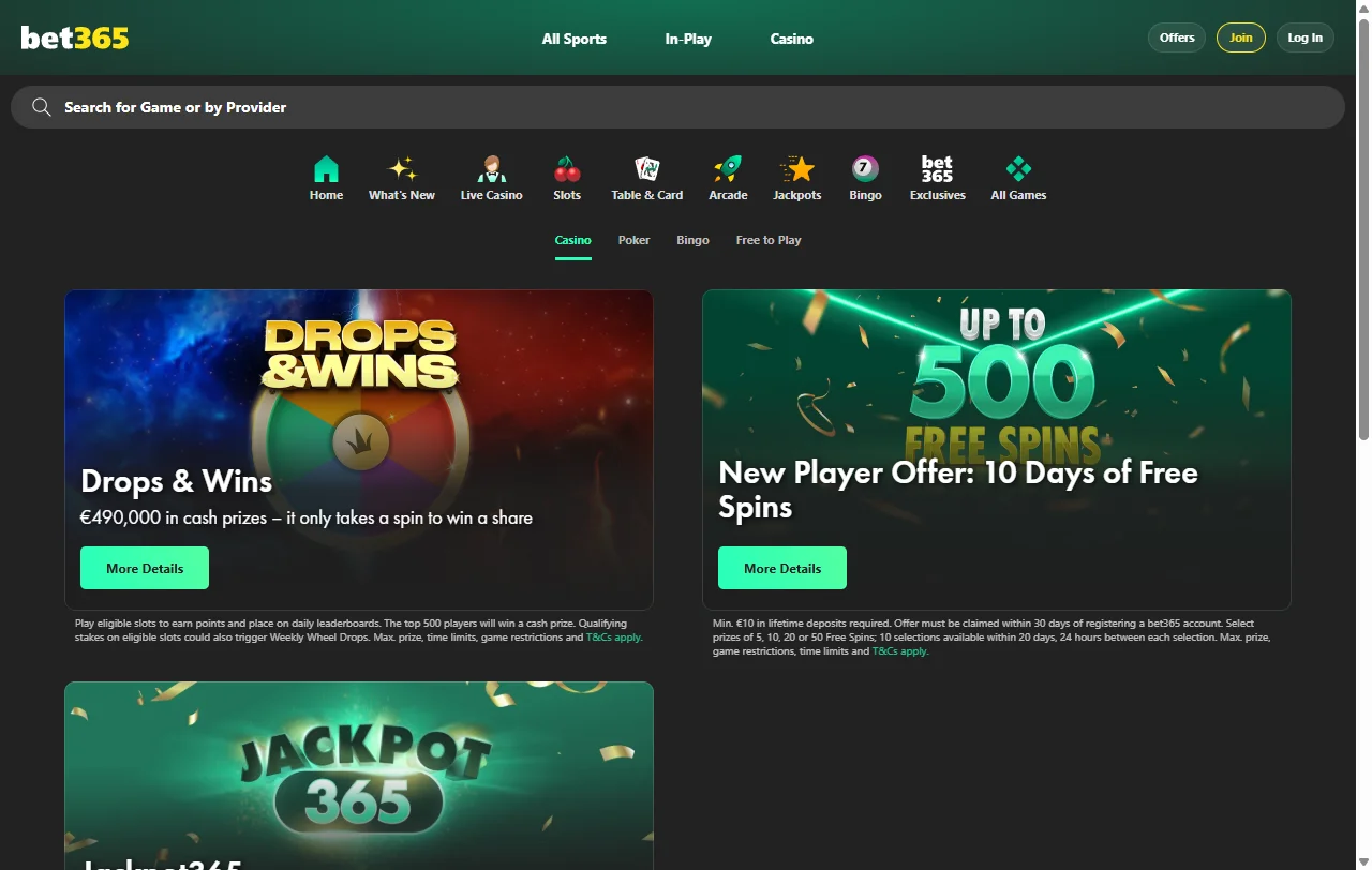 bet365 Casino tervetuliaistarjouksen ehdot ja kierrätysvaatimus englanninkielisellä ehtosivulla