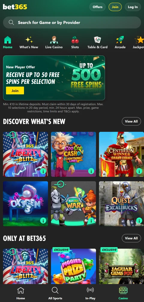 bet365 Casino mobiilisovelluksessa iOS- ja Android-laitteilla, push-ilmoitukset käytössä