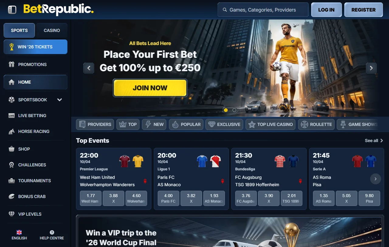 BetRepublic Casino yhdistää pelivalikoiman ja vedonlyönnin samaan pelitiliin ja saldoon