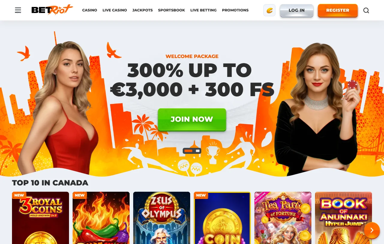 BetRiot Casinon etusivu työpöydällä, ylhäällä päivän vedonlyöntikohteet ja tervetuliaisbonus