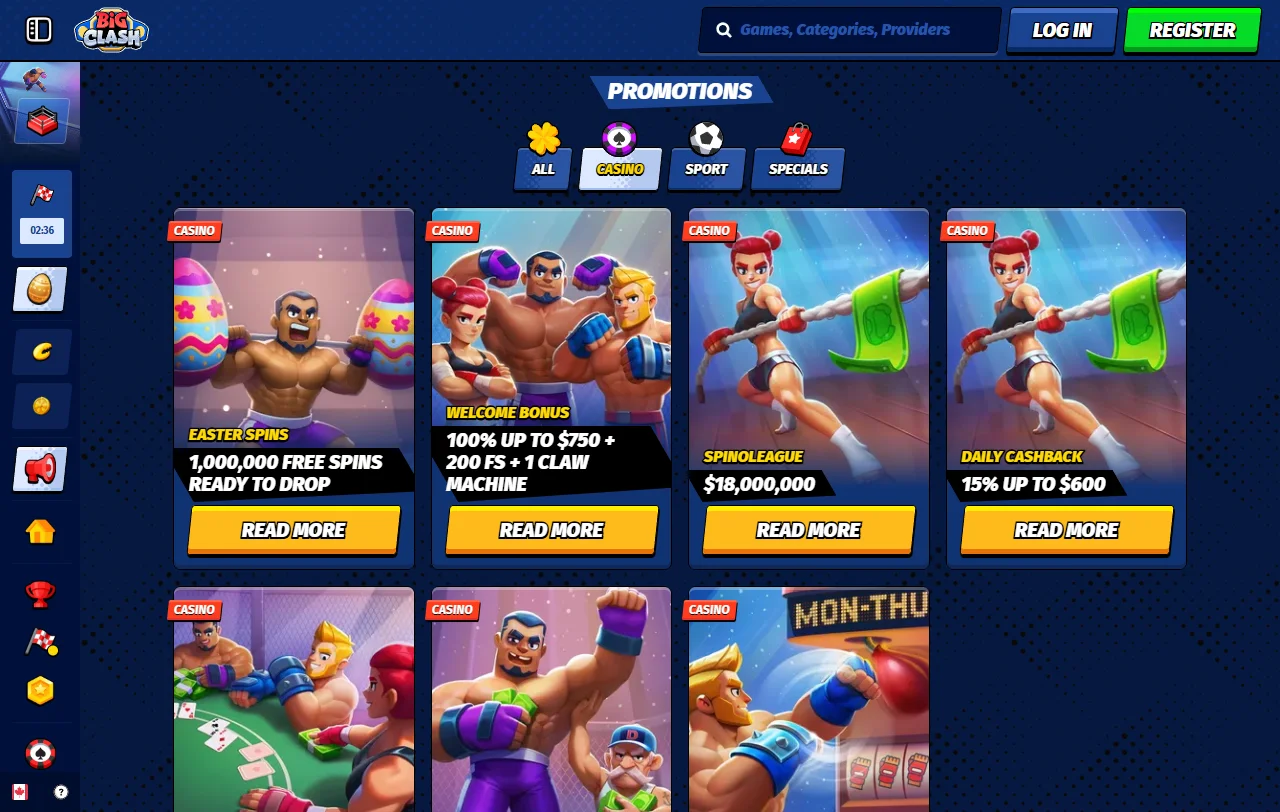 BigClash Casino pelivalikoima, jossa Evolution, Pragmatic Play ja Hacksaw Gaming edustettuina