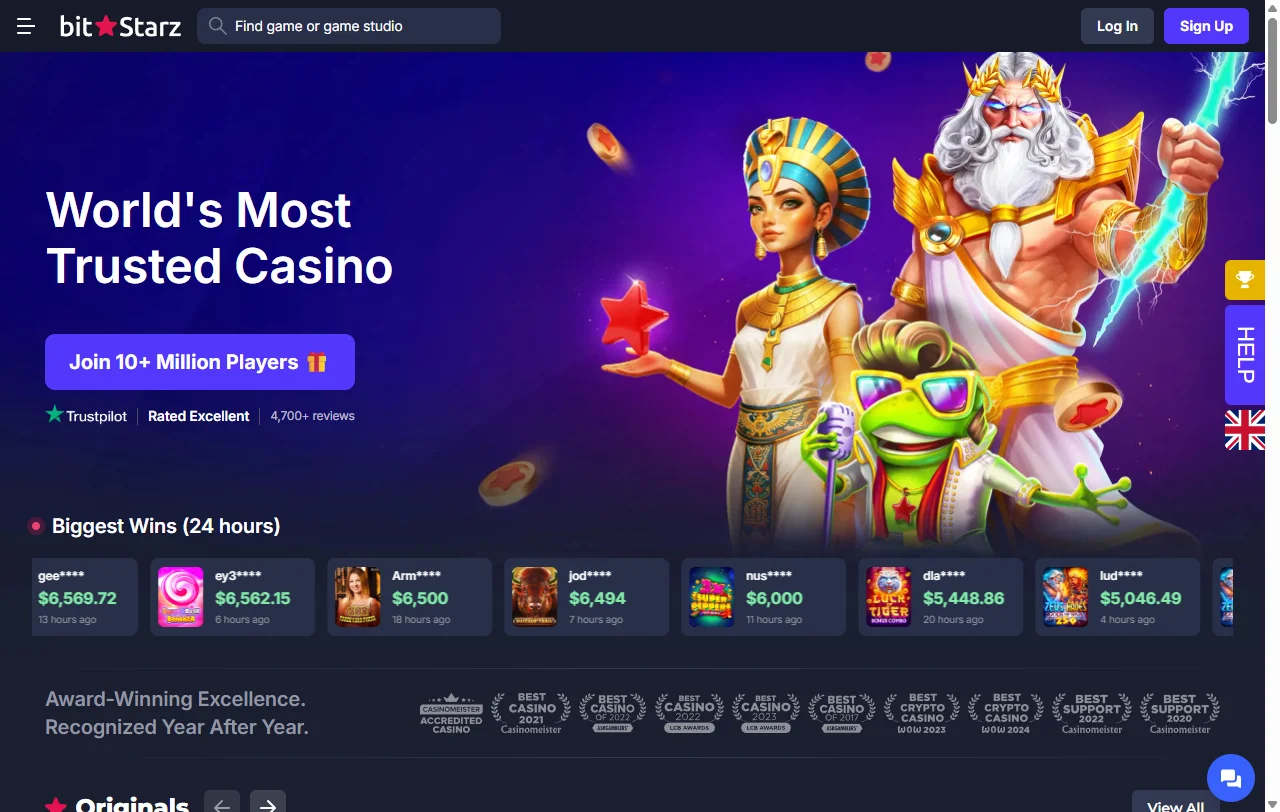 BitStarz aloitusnäkymä ja vuonna 2014 avatun kryptokasinon yleisilme suomalaiselle pelaajalle