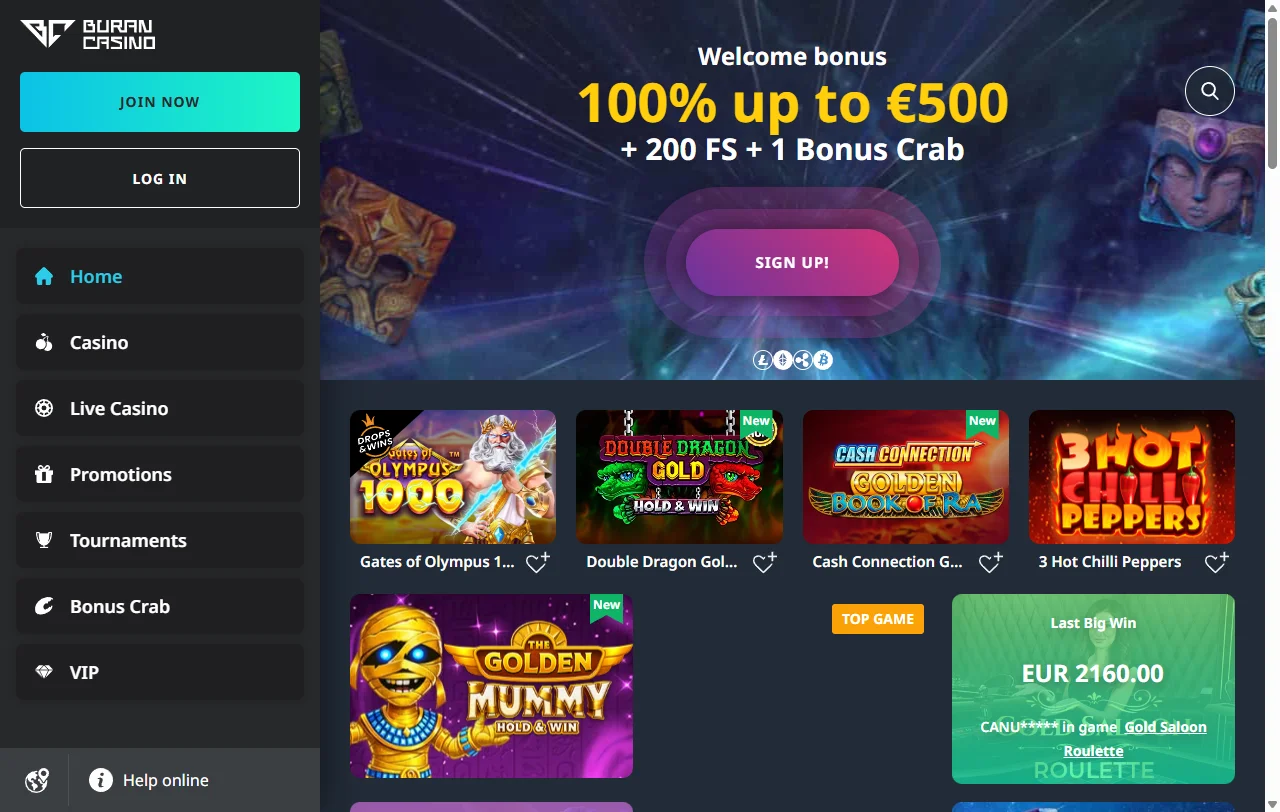 Buran Casino yleiskuvana suomalaiselle pelaajalle vuonna 2017 avatusta pelisivustosta