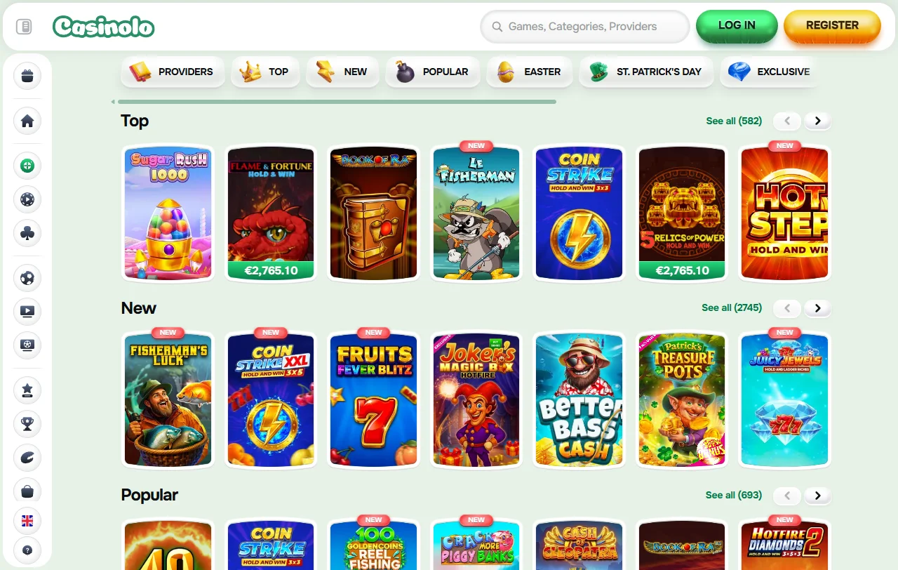 Casinolon pelivalikoima yli sadalta studiolta, kolikkopelit ja live-pöydät rinnakkain