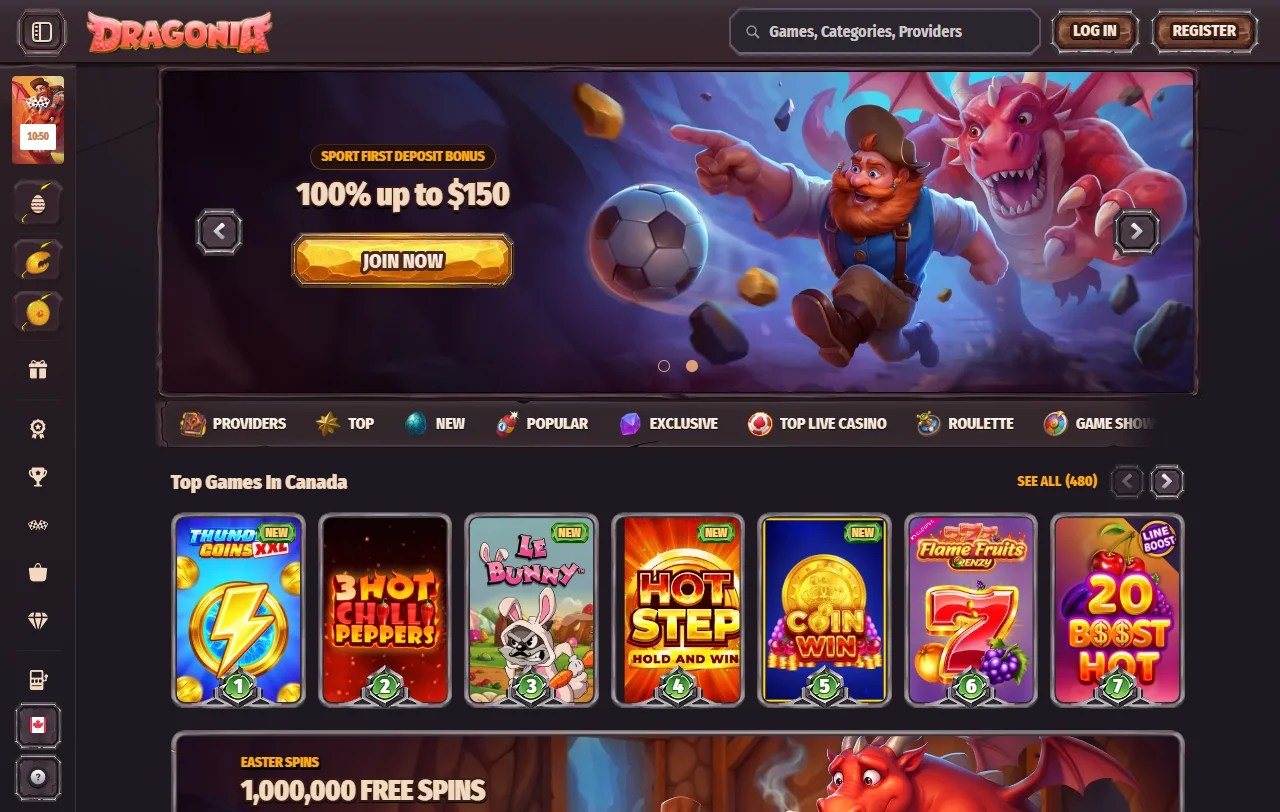 Dragonia Casino yleisilme, etusivun rakenne ja vedonlyönnin sekä kasinon jako