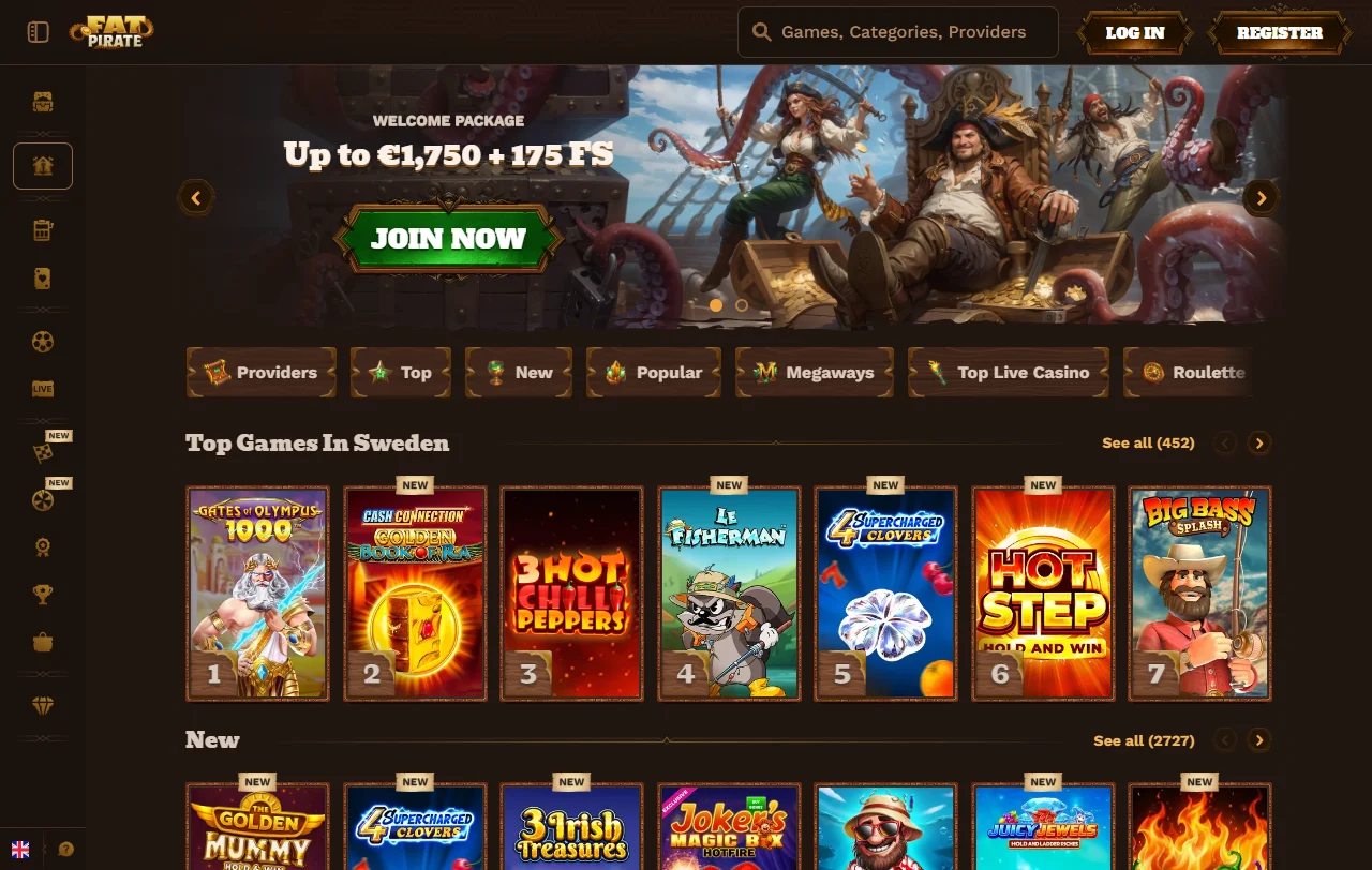 FatPirate Casinon etusivu työpöydällä, tervetuliaisbonus 100 % 500 euroon asti ja 200 ilmaiskierrosta näkyvillä