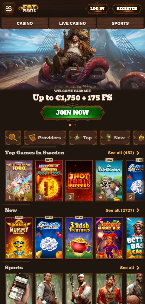FatPirate Casinon mobiilietusivu puhelimen selaimessa, pelihaku ja bonusbanneri
