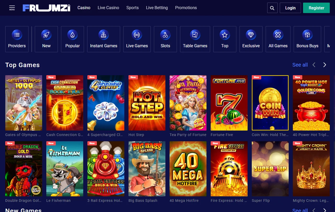 Frumzi Casino pelivalikoima yli 80 pelintarjoajalta, kolikkopelit ja live-pöydät