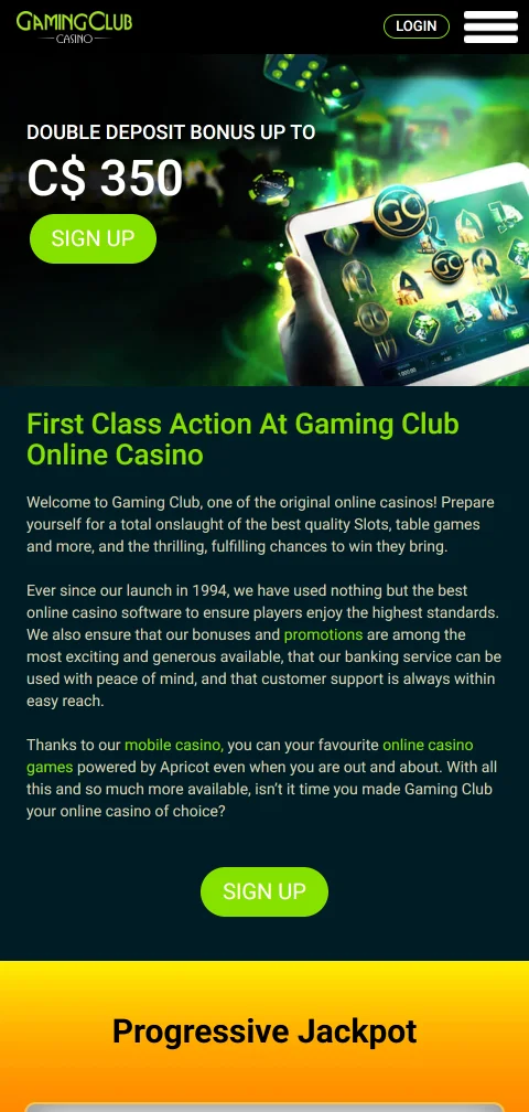 Gaming Club mobiiliselaimessa ilman sovellusasennusta, sama tili kuin työpöydällä