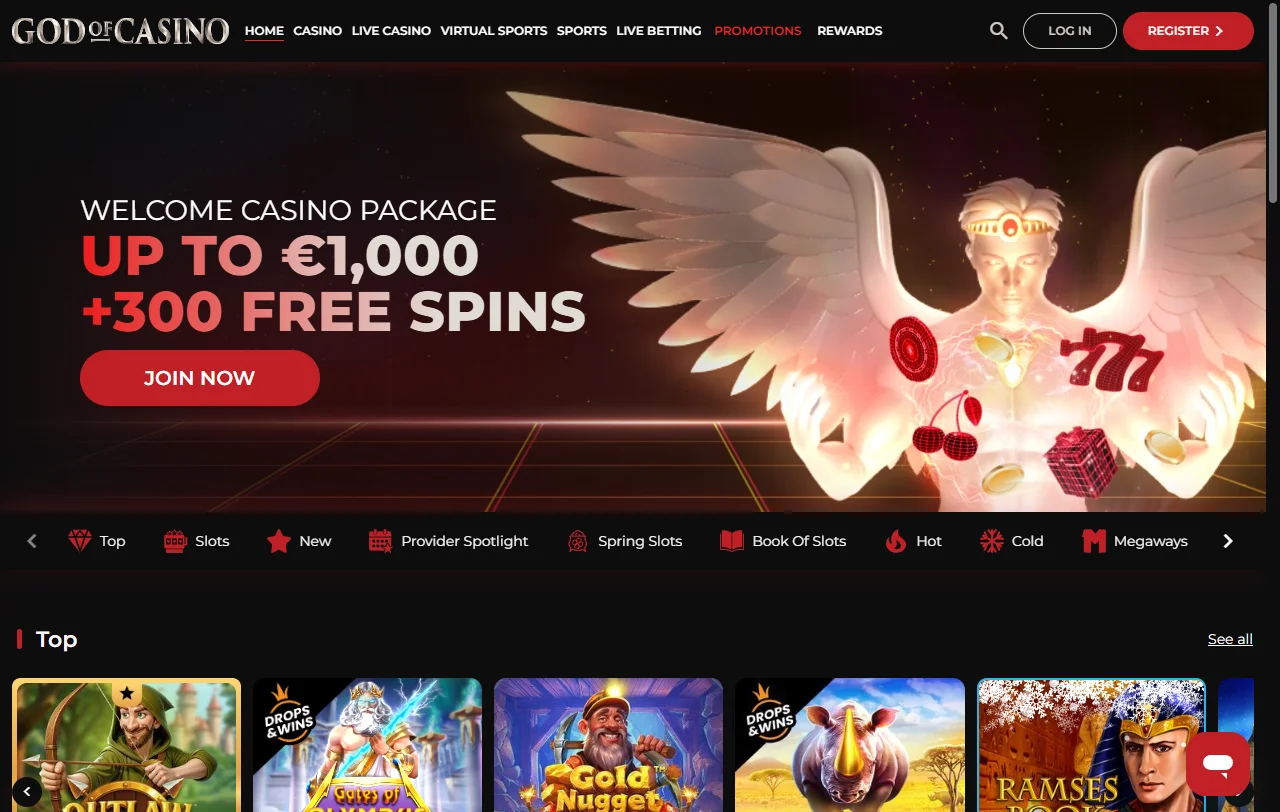 God of Casinon etusivu työpöytäselaimessa, ylhäällä tervetuliaisbonus 100 % jopa 300 euroa ja 50 ilmaiskierrosta