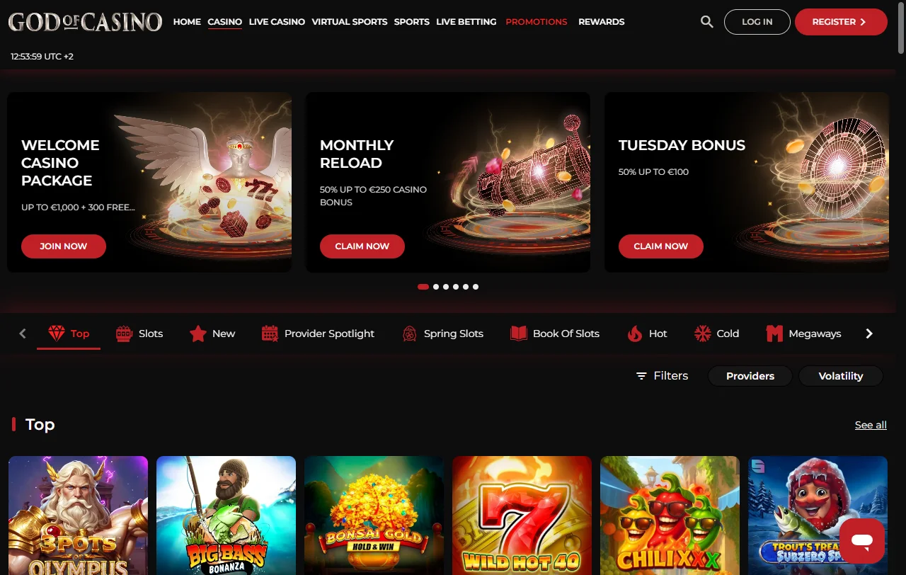 God of Casinon kolikkopelivalikoima työpöydällä, pelit jaoteltuina studioittain ja hakukenttä ylälaidassa