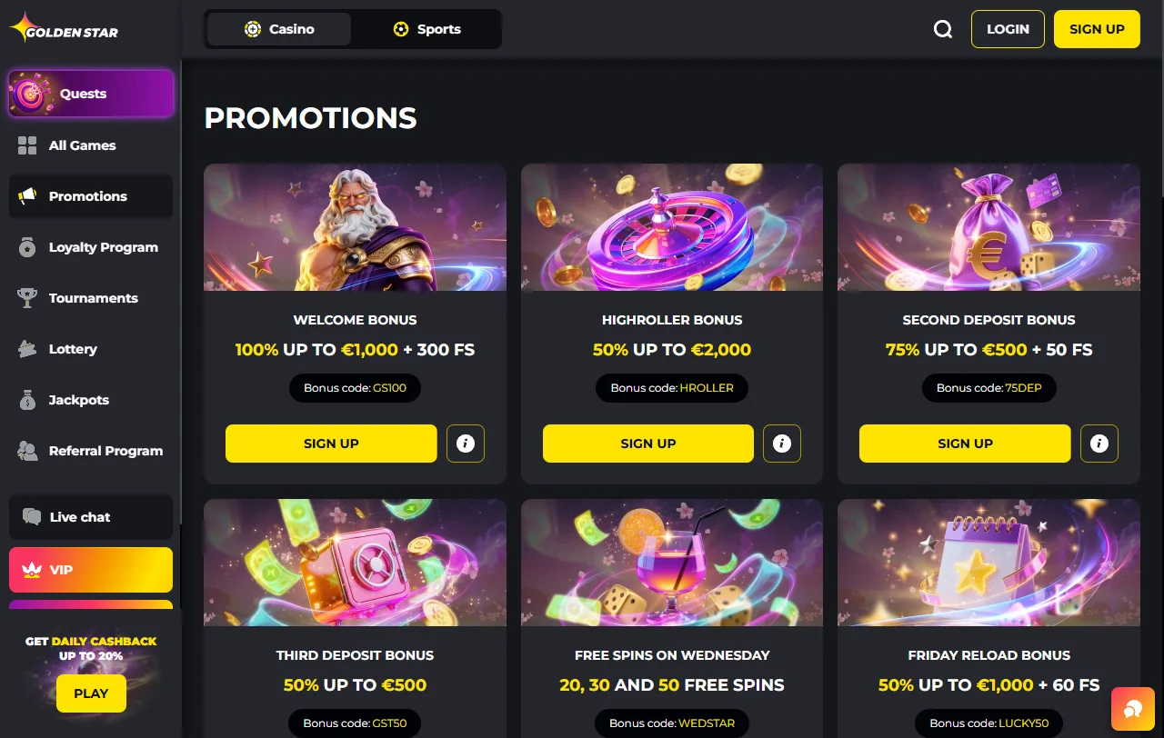 Golden Star Casinon etusivu työpöydällä ja tervetuliaisbonus 100 % enintään 1 000 euroa