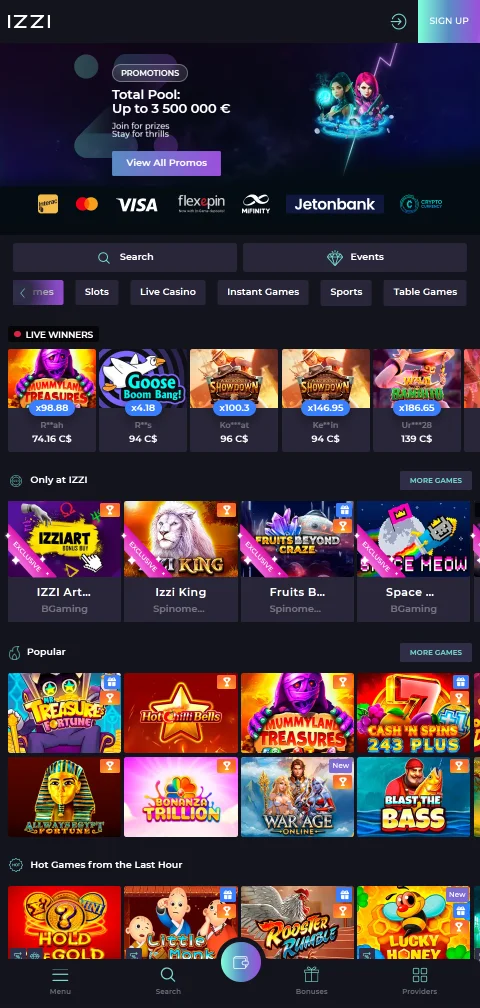 Izzi Casinon mobiilietusivu ja tervetuliaisbonuksen banneri