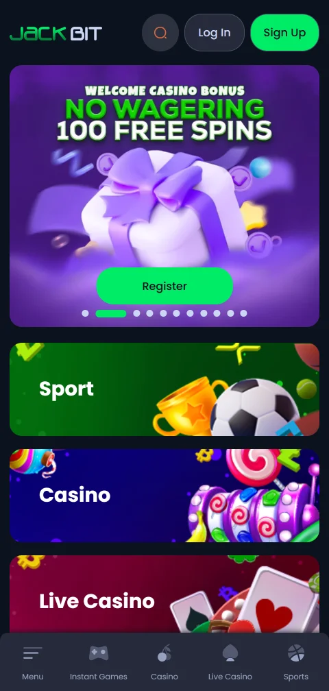 Jackbit mobiiliselaimessa ilman natiivisovellusta, sama valikoima kuin työpöydällä