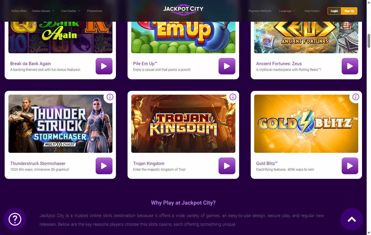 Jackpot City Casinon pelivalikoima: noin 500-600 peliä ja Games Globalin jackpotit