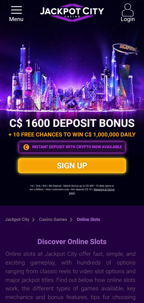 Jackpot City Casino mobiiliselaimessa, sama valikkorakenne kuin työpöydällä