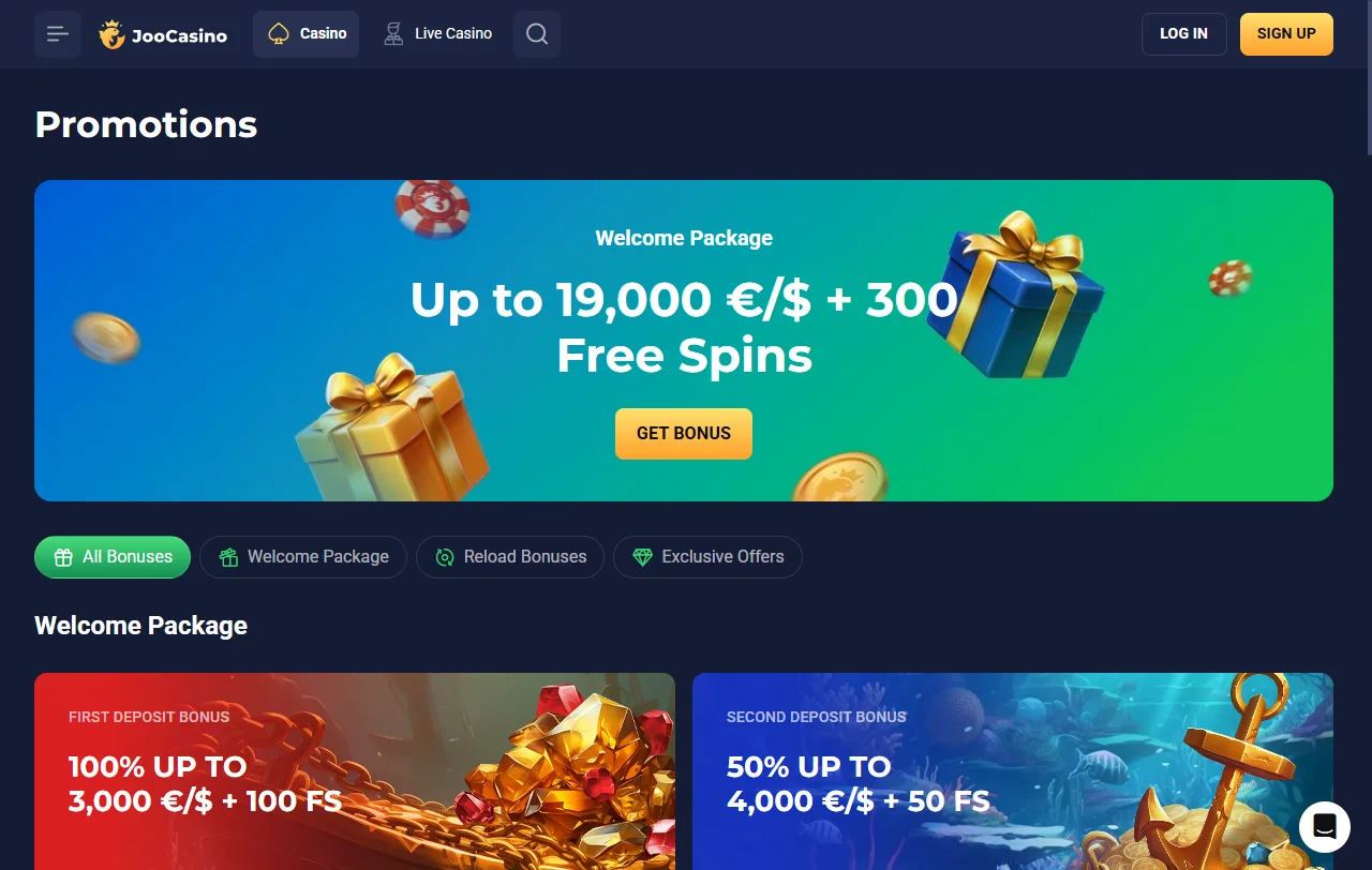 Joo Casinon tervetuliaispaketti neljälle talletukselle ja bonuskoodit
