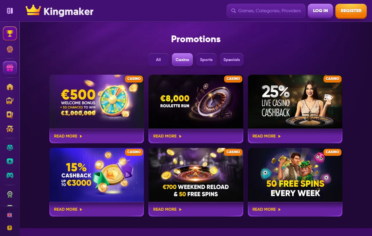 Kingmaker Casinon kolikkopelit ja live-pöydät yli sadan pelistudion valikoimasta