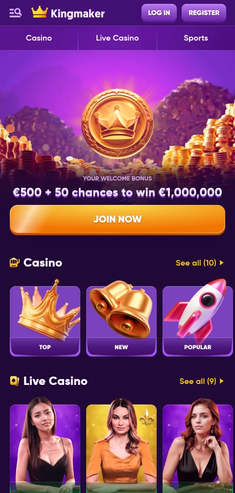 Kingmaker Casino mobiiliselaimessa ilman natiivisovellusta, kolikkopelit toimivat myös pystyasennossa