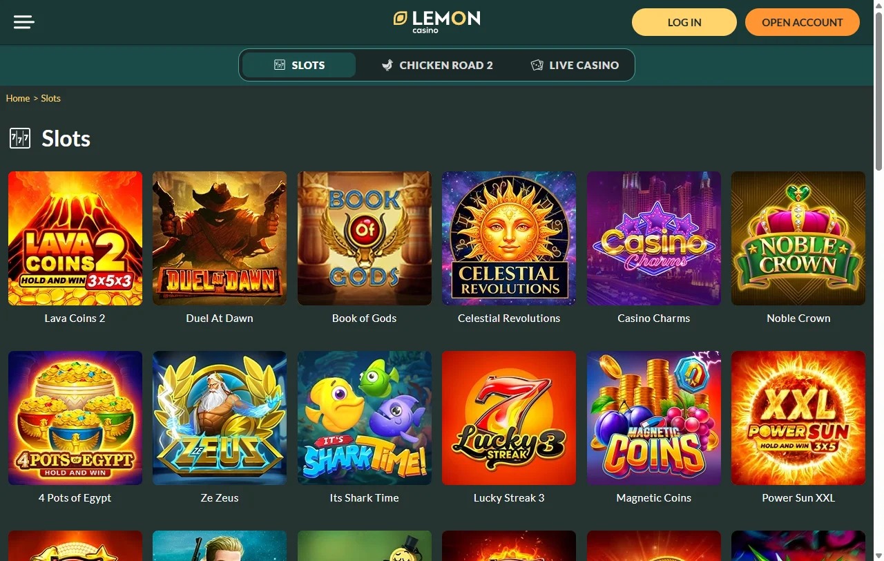 Lemon Casinon kolikkopelilistaus työpöytänäkymässä, pelien kohdalla näkyvät palautusprosentit