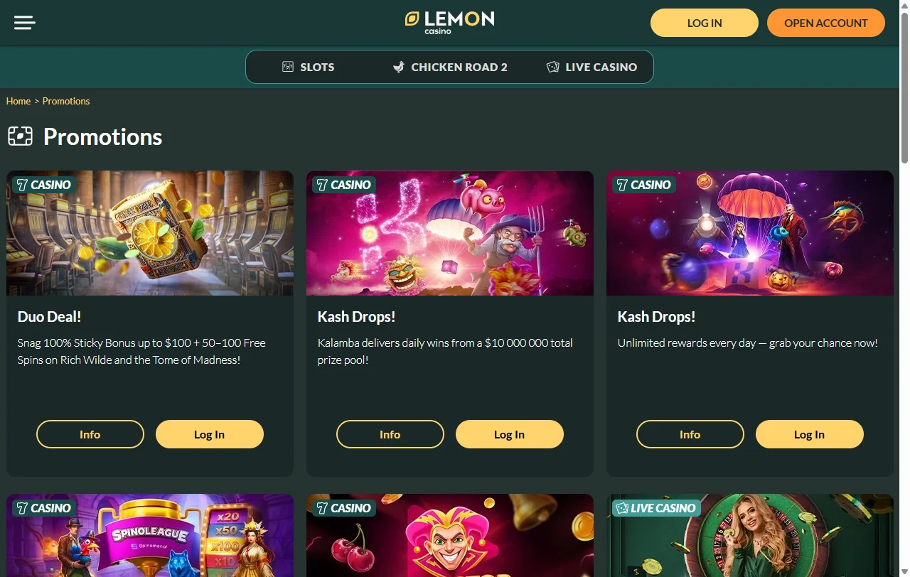 Lemon Casinon kassanäkymä tietokoneella, talletusvaihtoehdot ja kymmenen euron minimitalletus