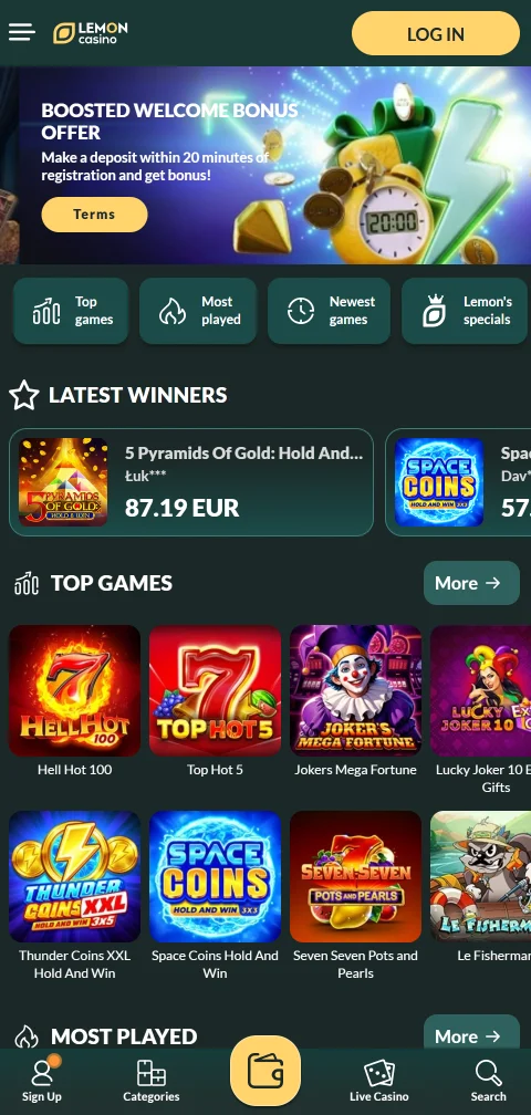 Lemon Casinon mobiilietusivu puhelimen selaimessa pystysuunnassa