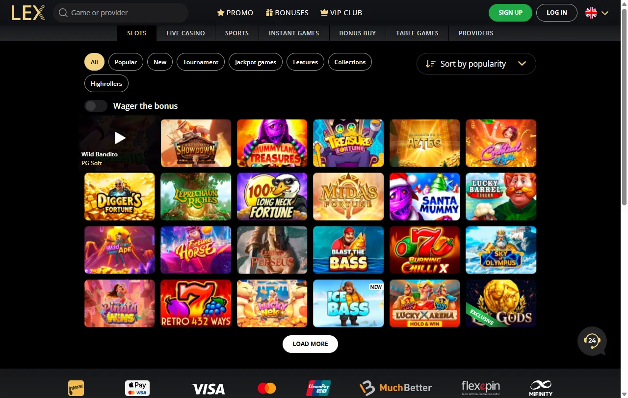 Lex Casino ja noin 7 000 pelin valikoima tuottajien mukaan jaoteltuna