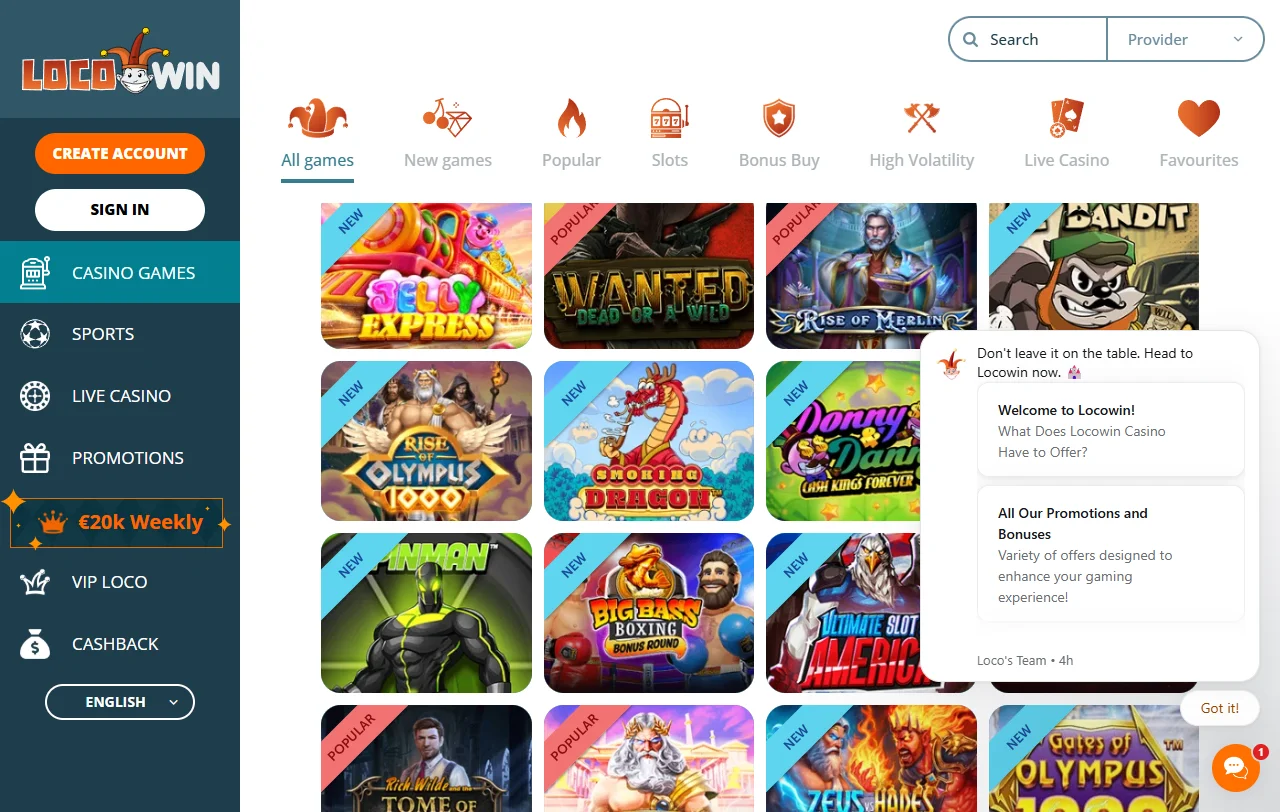 LocoWin casinon pelivalikoima työpöydällä, kolikkopelit suodatettuna valmistajan mukaan
