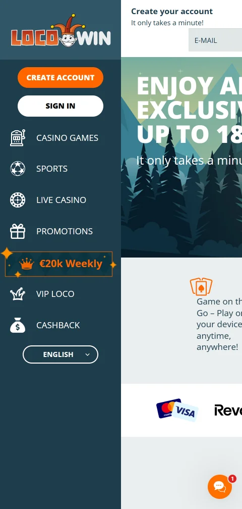 LocoWin casinon etusivu puhelimen selaimessa pystyasennossa