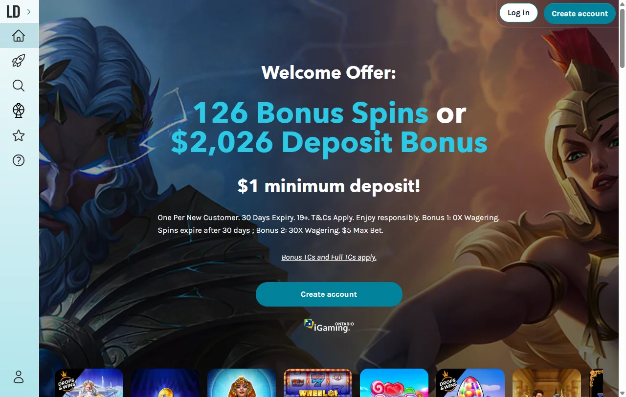 LuckyDays Casinon etusivu työpöytäselaimessa, jossa näkyvät kolmen kohdan päävalikko ja pikatalletuskenttä.