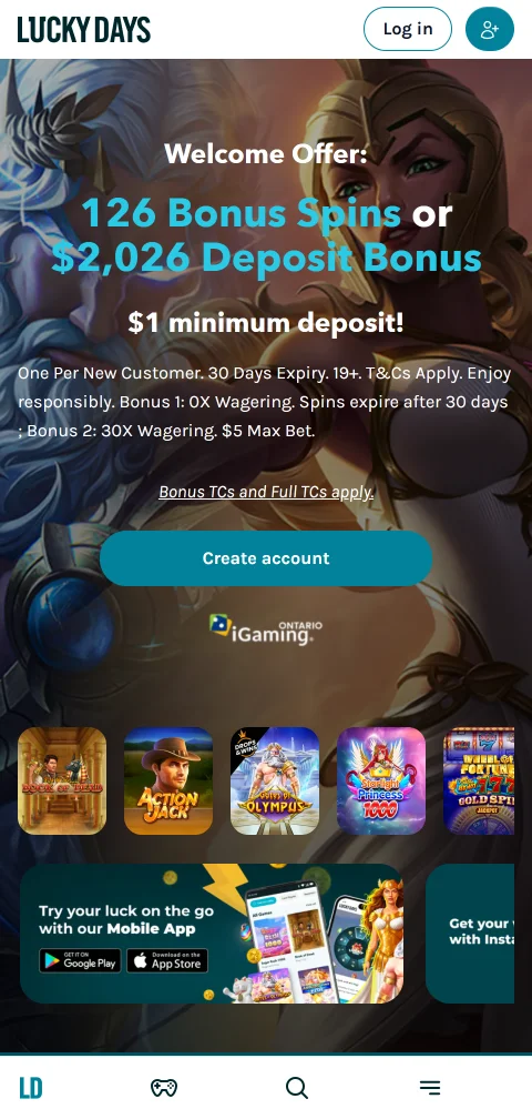 LuckyDays Casinon etusivu mobiiliselaimessa, jossa talletuskenttä ja Talleta ja pelaa -painike ovat näkyvillä.