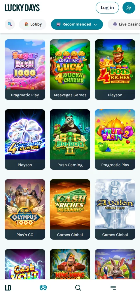 LuckyDays Casinon peliaula mobiilissa, jossa kolikkopelit näkyvät kahden sarakkeen ruudukkona.