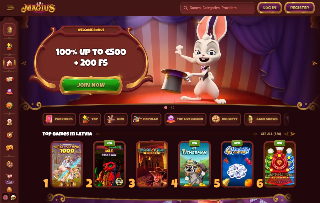 Magius Casinon etusivu työpöydällä, tervetuliaisbonus 100 % 500 € asti ja 200 ilmaiskierrosta