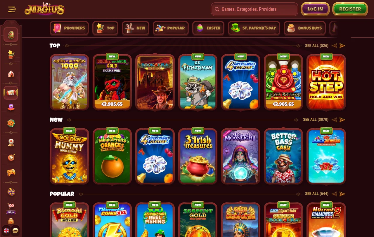Magius Casinon pelivalikoima työpöydällä, kolikkopelit ja live-pöydät suodattimina