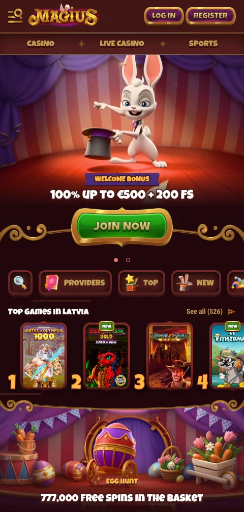 Magius Casinon mobiilietusivu ja tervetuliaisbonuksen lunastusnappi