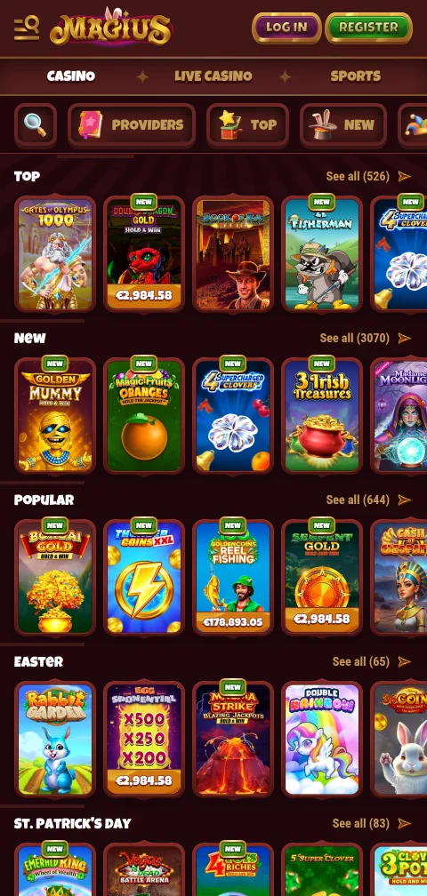 Magius Casinon ilmaiskierroserien näkymä mobiilissa, 20 kierrosta päivässä