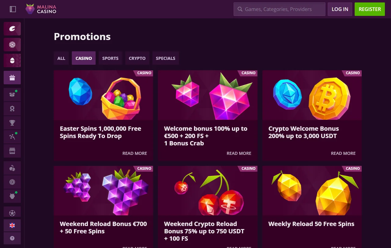 Malina Casino pelivalikoima, Pragmatic Play ja Evolution live-pöydät esillä