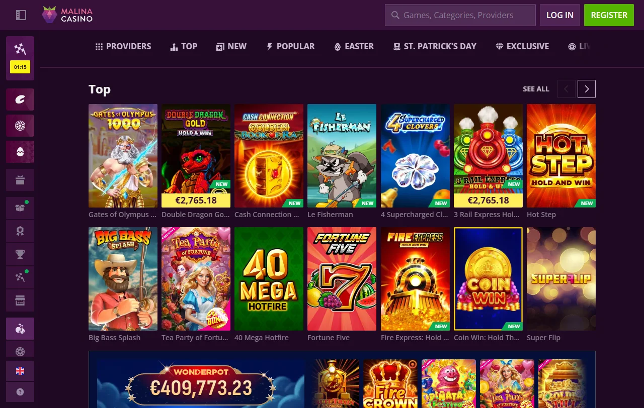 Malina Casino tervetuliaisbonus 100 % jopa 500 € ja 200 ilmaiskierrosta