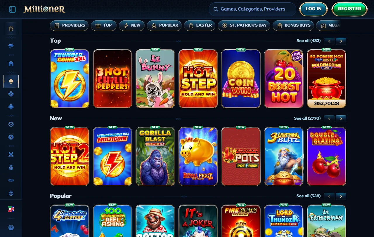 Millioner Casinon pelivalikoima: noin 12 000 kolikkopeliä ja live-pöydät