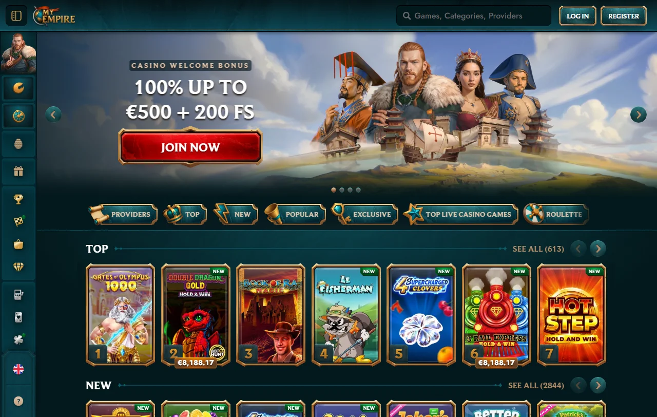 MyEmpire Casino roomalaisteemainen etusivu ja pelivalikoiman pääkategoriat työpöydällä